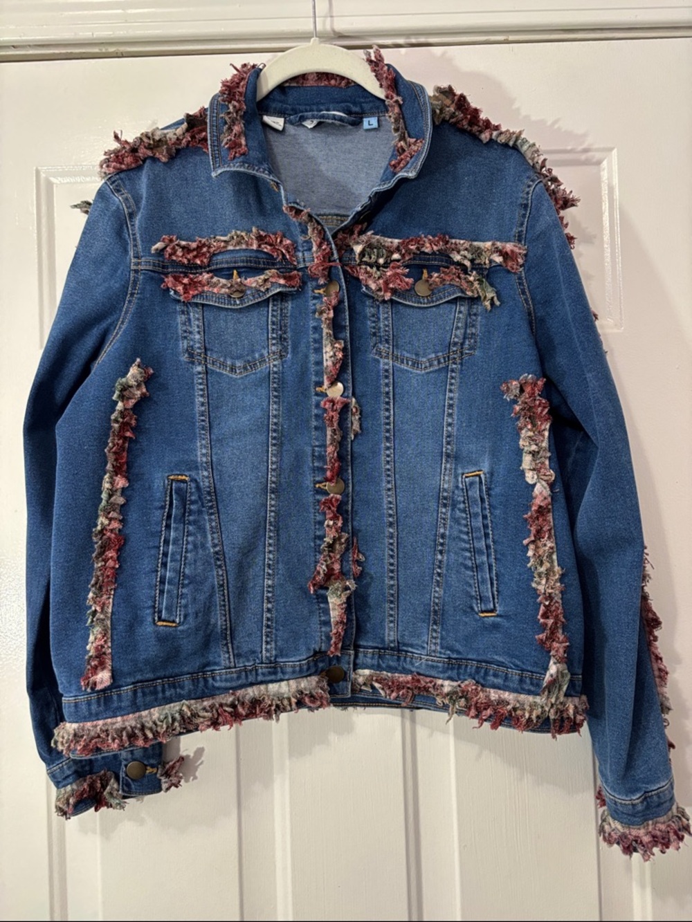 Serra brand Blue Denim Jacket with Frayed Trim Size Large